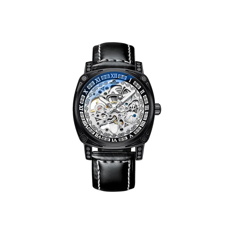 LIBER AEDON Automatic Mechanical Movement Genuine Leather Strap Black Dial Men's Watches-17