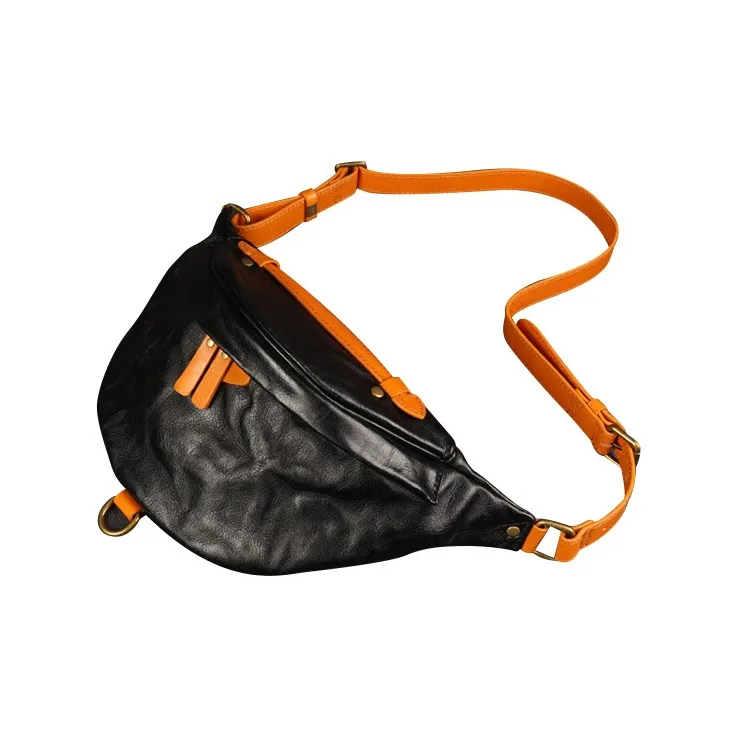 DOSRFINI Genuine Leather Top Grain Cow Leather Sling Bag Men's Black/Brown-1