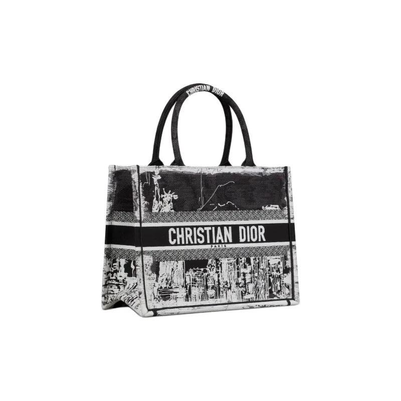 DIOR Embroidery Tote Bag, Shopping Bag, Handbag Medium Size Women's Black & White-1