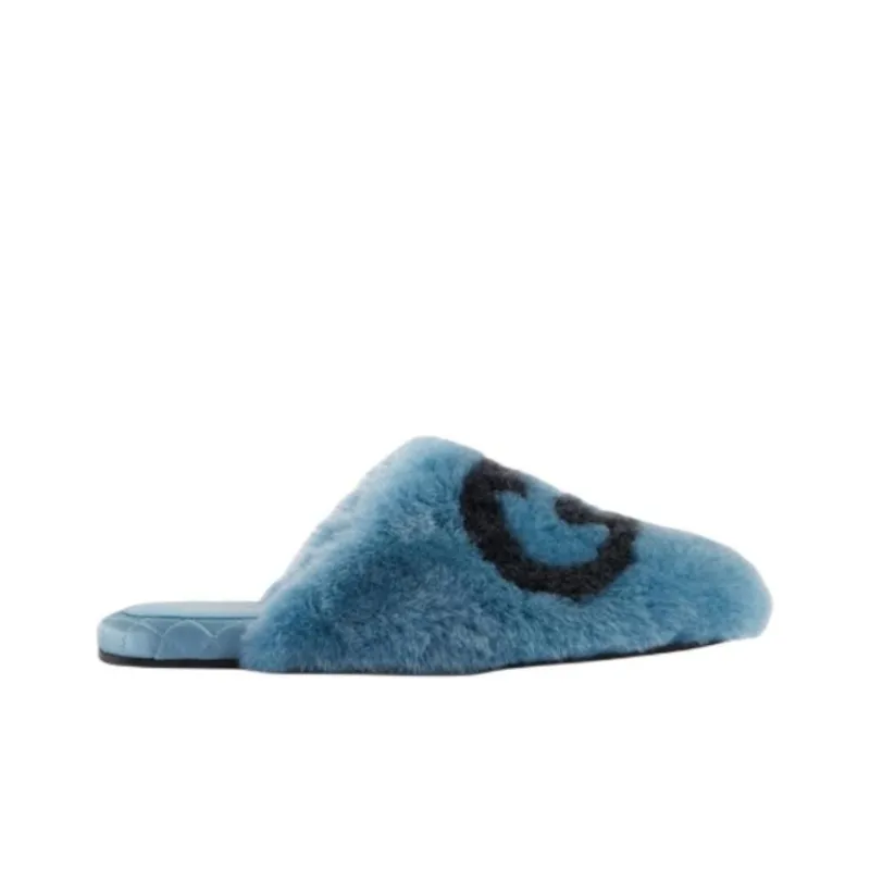 GUCCI Interlocking G Faux Fur Slippers Blue Black Women's-1