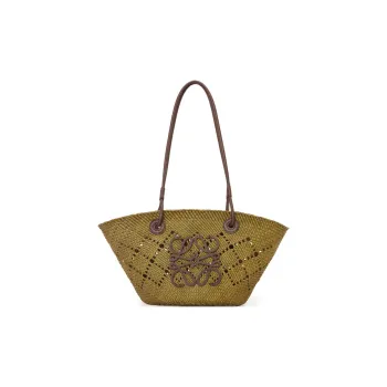 LOEWE Anagram Basket Raffia With Calfskin Tote Bag Shopping Bag Handbag Shoulder Bag Women's Olive & Chestnut