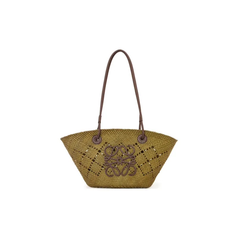 LOEWE Anagram Basket Raffia With Calfskin Tote Bag Shopping Bag Handbag Shoulder Bag Women's Olive & Chestnut-0
