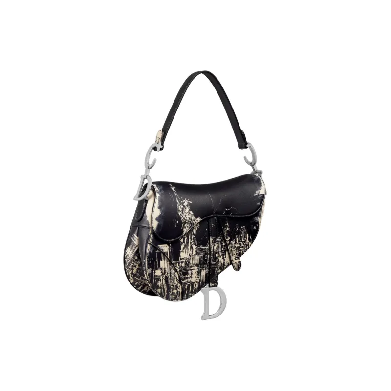 DIOR Printed Calfskin Saddle Bag Shoulder Bag Crossbody Bag Handbag Women's Black & White-2