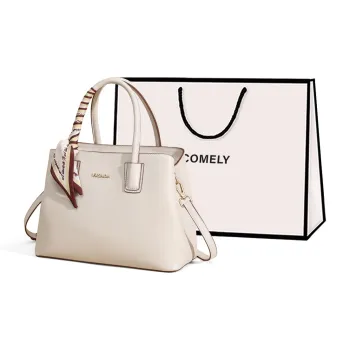 COMELY Cow Leather With Synthetic Leather Shoulder Bag, Crossbody Bag, Mom Bag, Handbag Medium Size Women's Ecru/Black