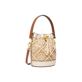 TORY BURCH T Monogram Embroidery Straw Woven Bucket Bag, Shoulder Bag, Crossbody Bag, Handbag Mini Women's Ivory White