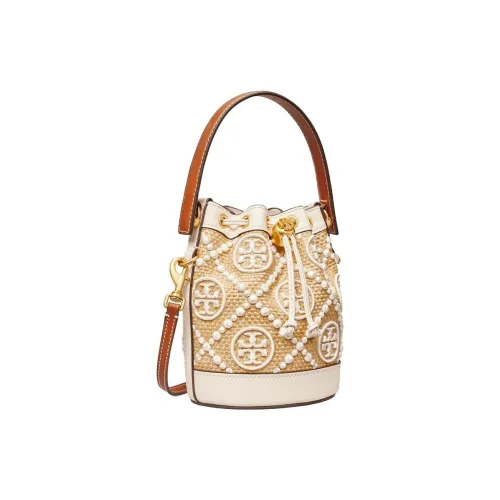 TORY BURCH T Monogram Embroidery Straw Woven Bucket Bag, Shoulder Bag, Crossbody Bag, Handbag Mini Women's Ivory White