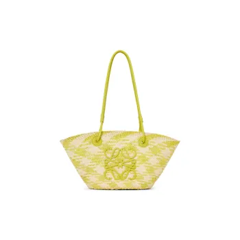 LOEWE Anagram Basket Raffia With Calfskin Handbag Shoulder Bag Small Size Women's Natural Mixed Lime Green