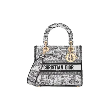 DIOR Lady D Lite Embroidery Crossbody One Shoulder Handbag Medium Size Women's White & Black