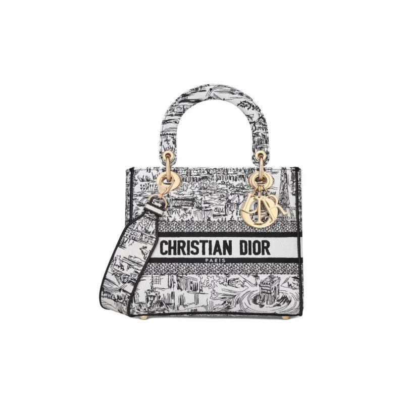 DIOR Lady D Lite Embroidery Crossbody One Shoulder Handbag Medium Size Women's White & Black-0