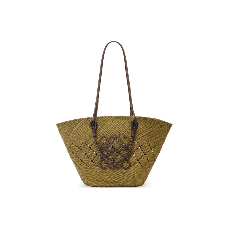 LOEWE Anagram Basket Palm Tote Bag, Shopping Bag, Handbag, Shoulder Bag Women's Olive & Chestnut-0