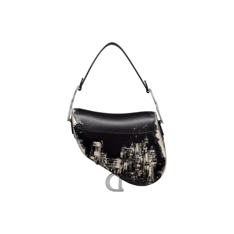 DIOR Printed Calfskin Saddle Bag Shoulder Bag Crossbody Bag Handbag Women's Black & White-4