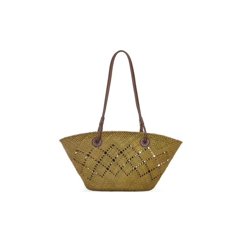 LOEWE Anagram Basket Raffia With Calfskin Tote Bag Shopping Bag Handbag Shoulder Bag Women's Olive & Chestnut-2