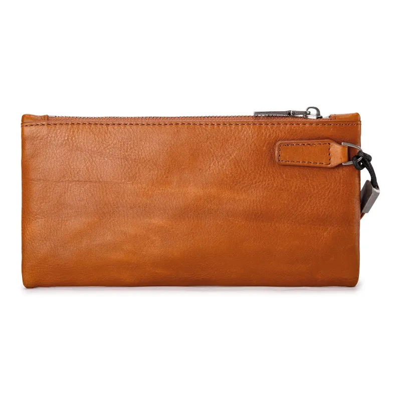 FAIRWHALE Cow Leather Clutch Card Holder Wallet Wrist Bag Unisex Dried Yellow Brown/Elegant Black/Smoke Cyan-3