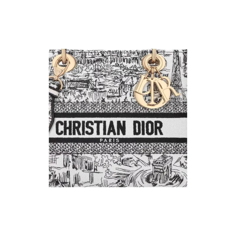 DIOR Lady D Lite Embroidery Crossbody One Shoulder Handbag Medium Size Women's White & Black-4