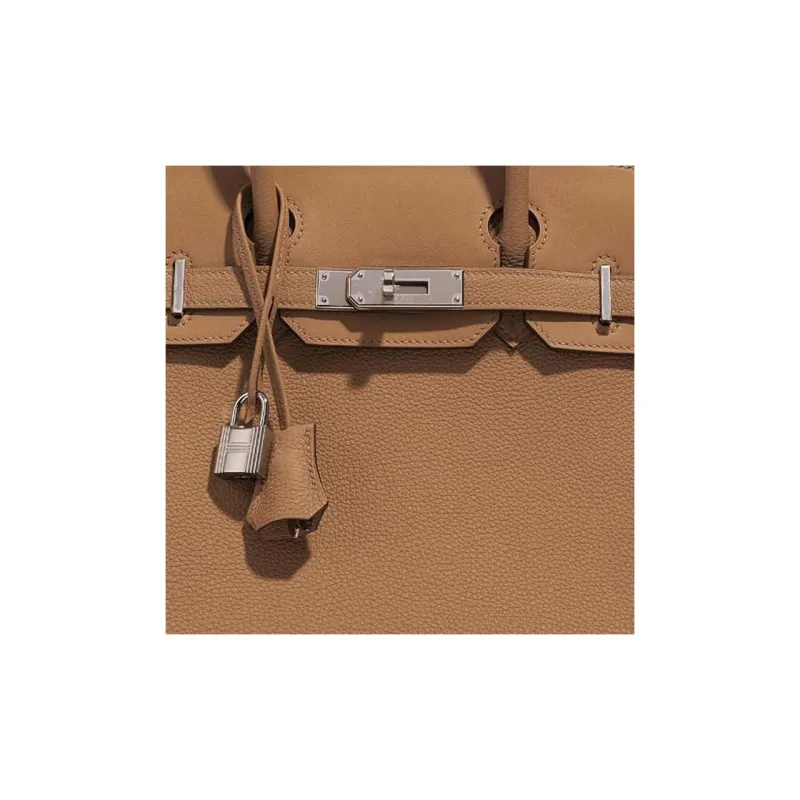 HERMES Birkin Togo Calfskin With Canvas And Swift Leather Tote Bag, Shopping Bag, Handbag Unisex Brown-4