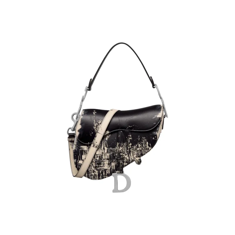 DIOR Printed Calfskin Saddle Bag Shoulder Bag Crossbody Bag Handbag Women's Black & White-1