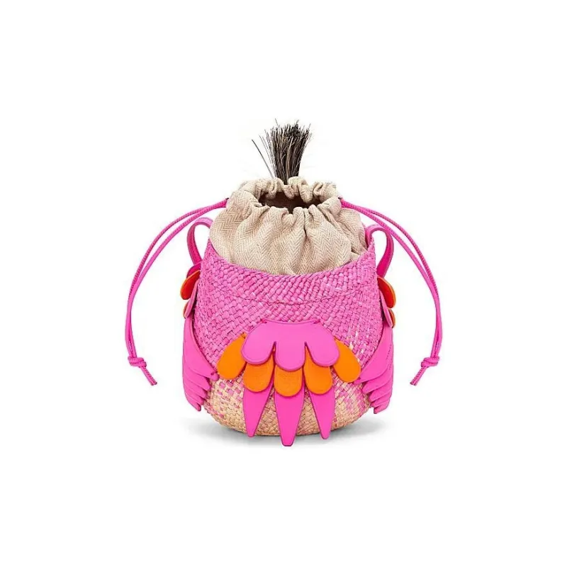 LOEWE Iracan Palm With Cow Leather Shoulder Bag, Crossbody Bag Women's Natural & Fuchsia-3