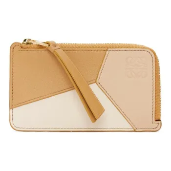 LOEWE Puzzle Calfskin Card Holder Women's Angora & Taupe & Gold