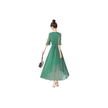 Cypress House Dress Women's Navy Blue With Green Wave Pattern