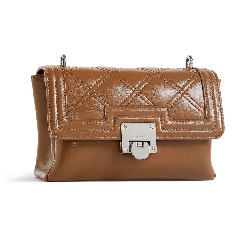 FERIA Split Cow Leather Cream Flap Bag Shoulder Bag Women's Brown/Ecru-2