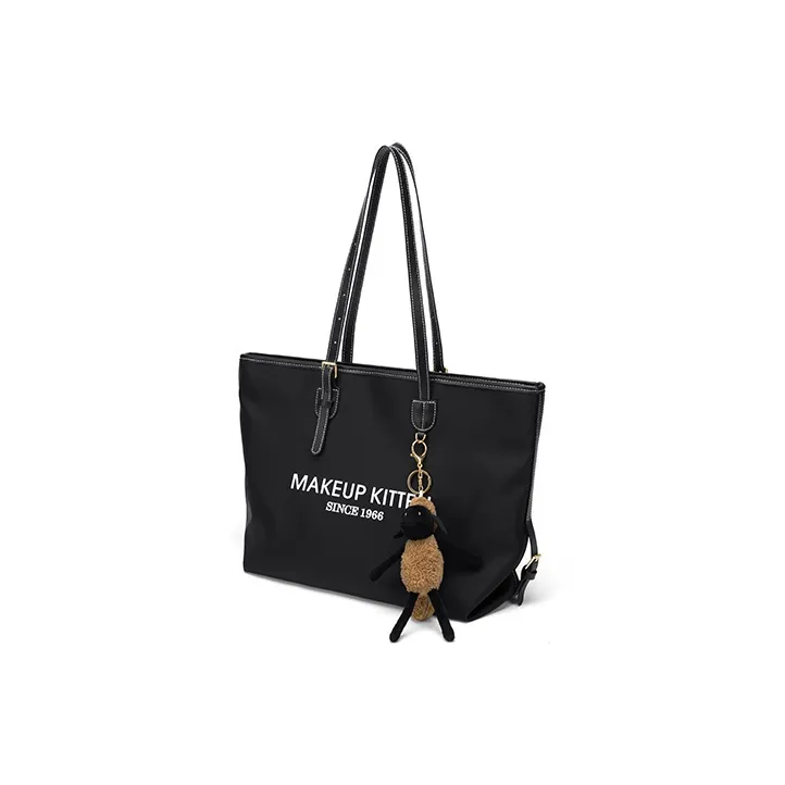 MAKEUP KITTEN Nylon Fabric Tote Bag Shopping Bag Tote Bag Shoulder Bag Large Size Women's Black/Apricot-1
