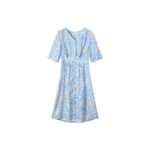 H-YXIANG Short-Sleeved Dresses Women's Blue Small Floral Pattern