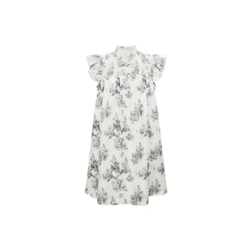 Duoyi Short-Sleeved Dresses Women's Apricot Base With Black Flowers