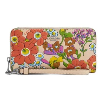 COACH Zip Around Premium Calfskin Wallet Small Size Women's Silver With Ivory Multicolor