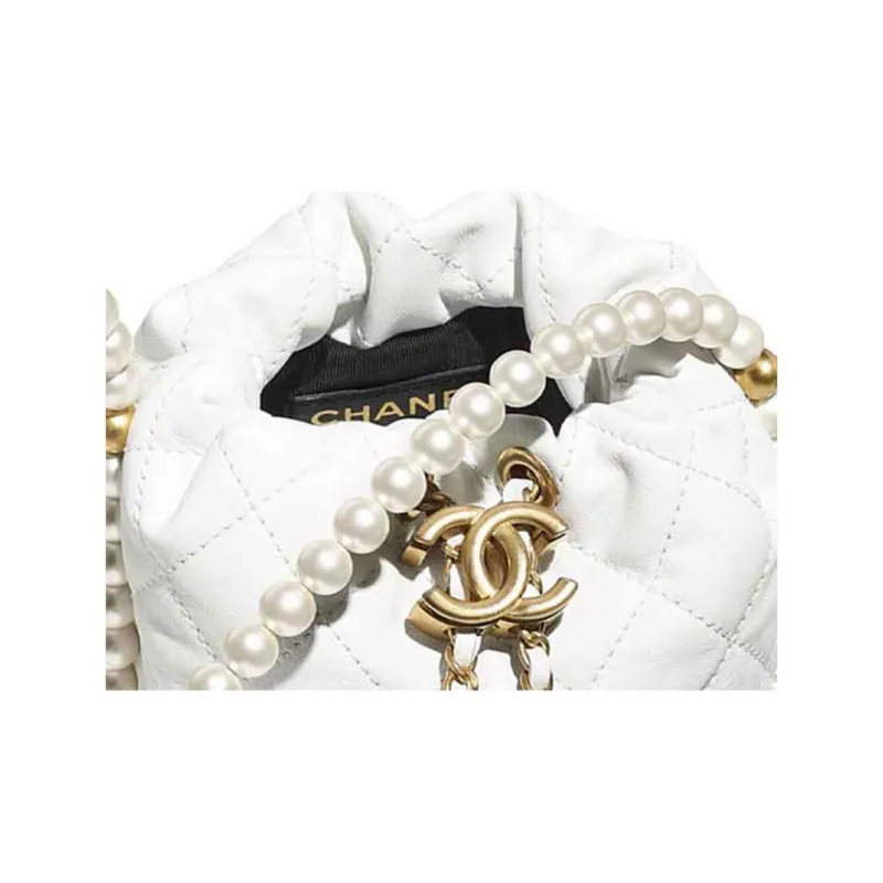 CHANEL Cow Leather Bucket Bag Handbag Mini Women's White-3