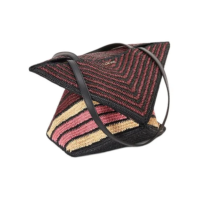 LOEWE Raffia Fiber Tote Bag, Shopping Bag, Handbag Women's Pink & Burgundy Red-2