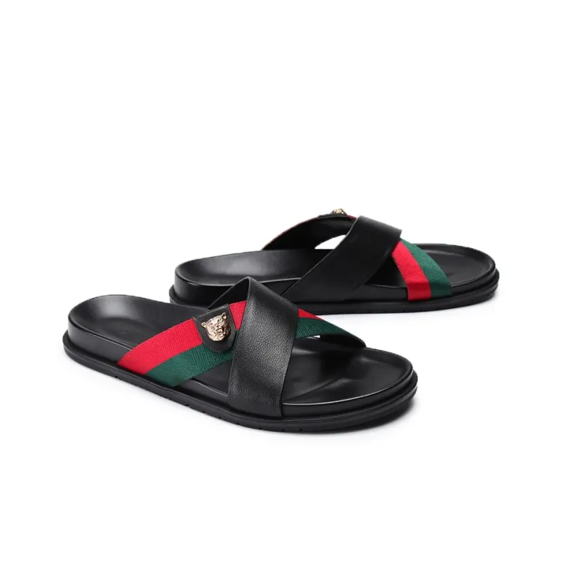 LEYGMENLG Slide Slippers Men Black/Green Red/Webbing-1