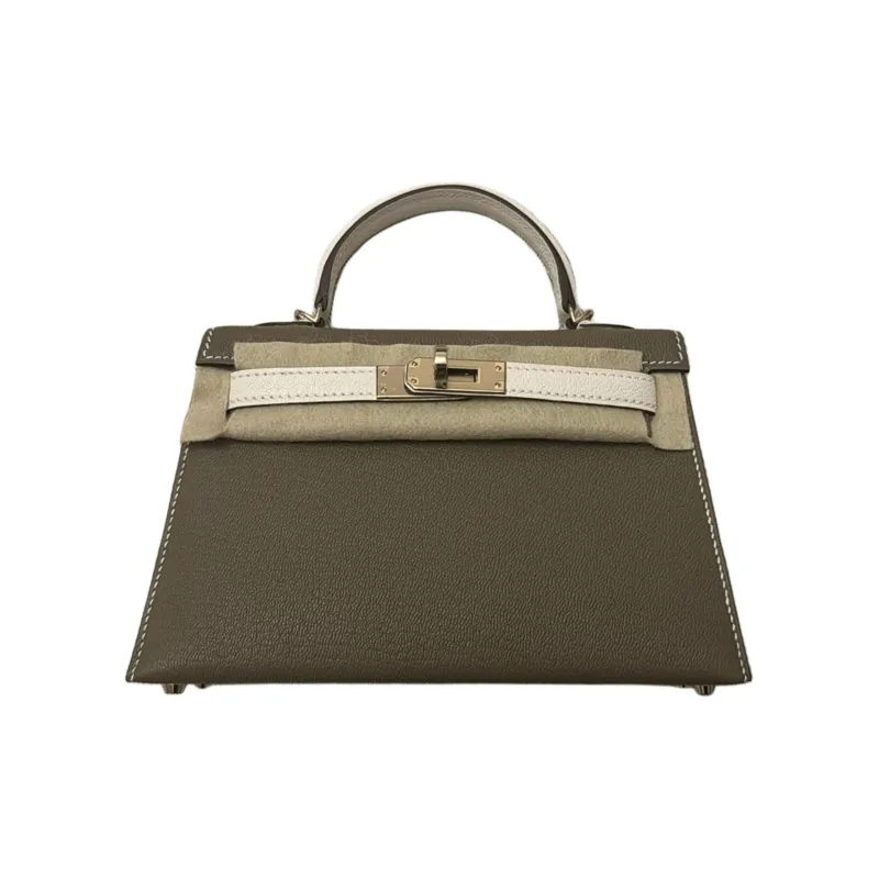 HERMES Mini Kelly 2nd Generation Goatskin Kelly Handbag, Crossbody Bag Mini Women's Galaxy Gray & Glacier White-0