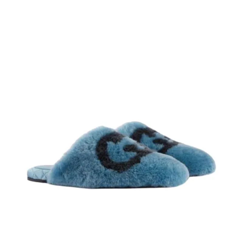 GUCCI Interlocking G Faux Fur Slippers Blue Black Women's-3