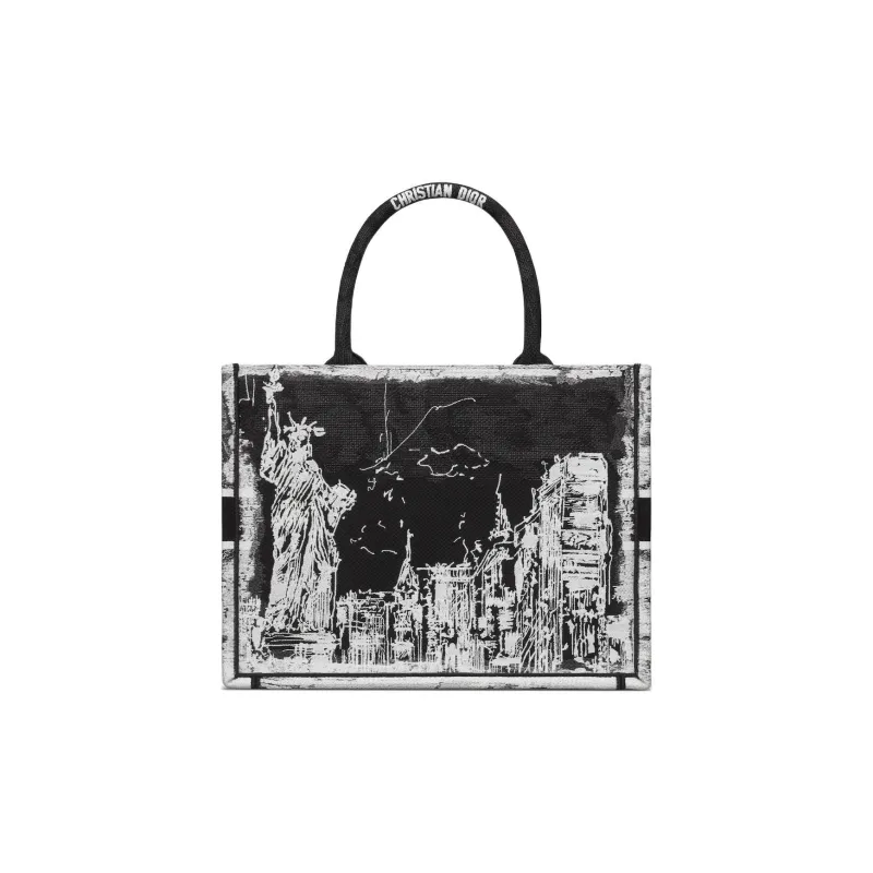 DIOR Embroidery Tote Bag, Shopping Bag, Handbag Medium Size Women's Black & White-2