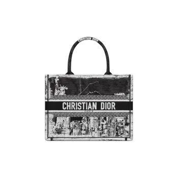 DIOR Embroidery Tote Bag, Shopping Bag, Handbag Medium Size Women's Black & White