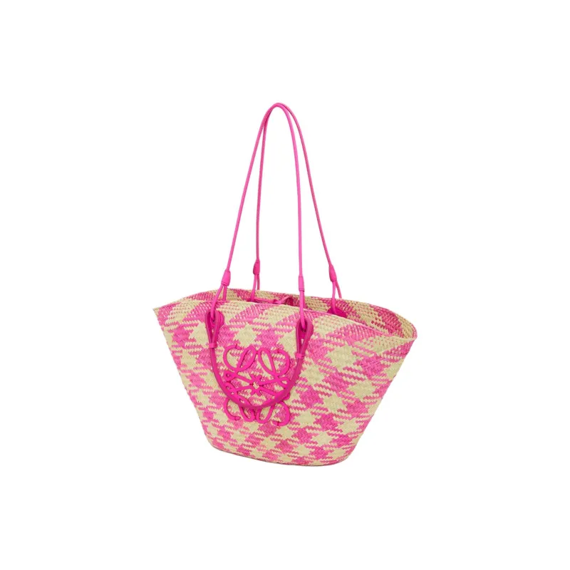 LOEWE Anagram Basket Calfskin Handbag, Shoulder Bag Women's Natural & Fuchsia-1