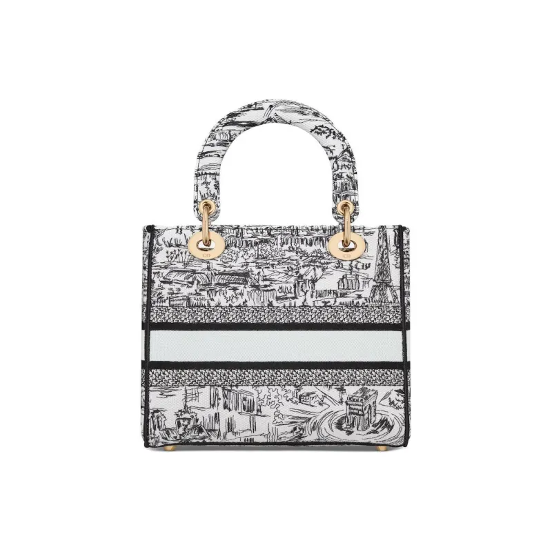 DIOR Lady D Lite Embroidery Crossbody One Shoulder Handbag Medium Size Women's White & Black-2
