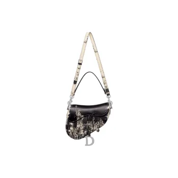 DIOR Printed Calfskin Saddle Bag Shoulder Bag Crossbody Bag Handbag Women's Black & White