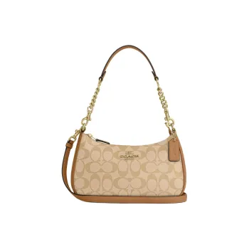 COACH Teri Canvas With Smooth Leather Handbag Shoulder Bag Medium Size Women's Gold & Light Khaki & Light Saddle Brown