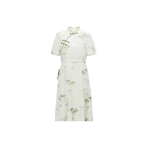 Duoyi Short-Sleeved Dresses Women's Apricot Base With Green Floral