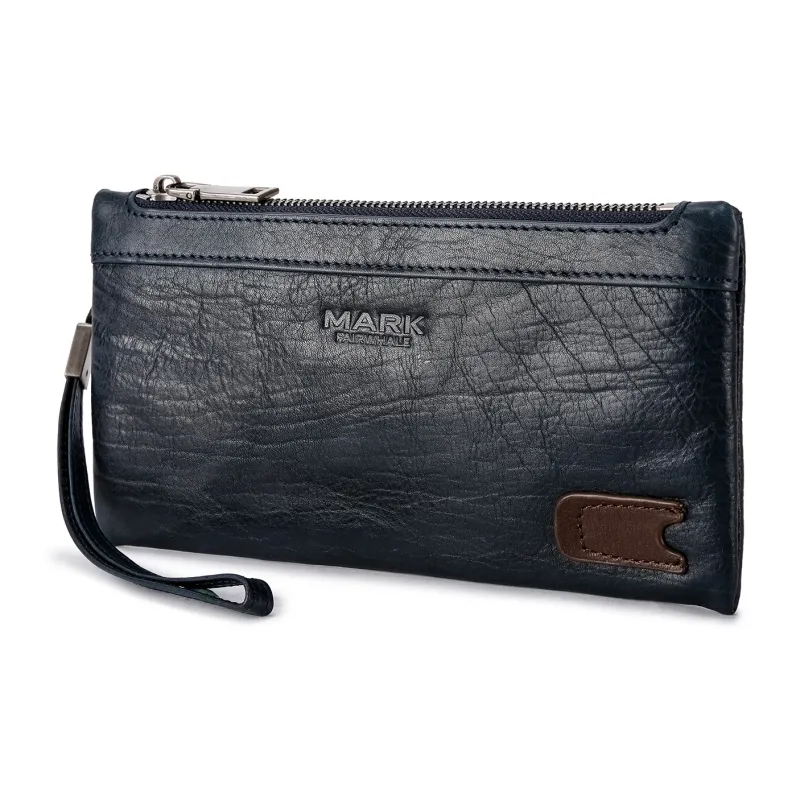 FAIRWHALE Cow Leather Clutch Card Holder Wallet Wrist Bag Unisex Dried Yellow Brown/Elegant Black/Smoke Cyan-8