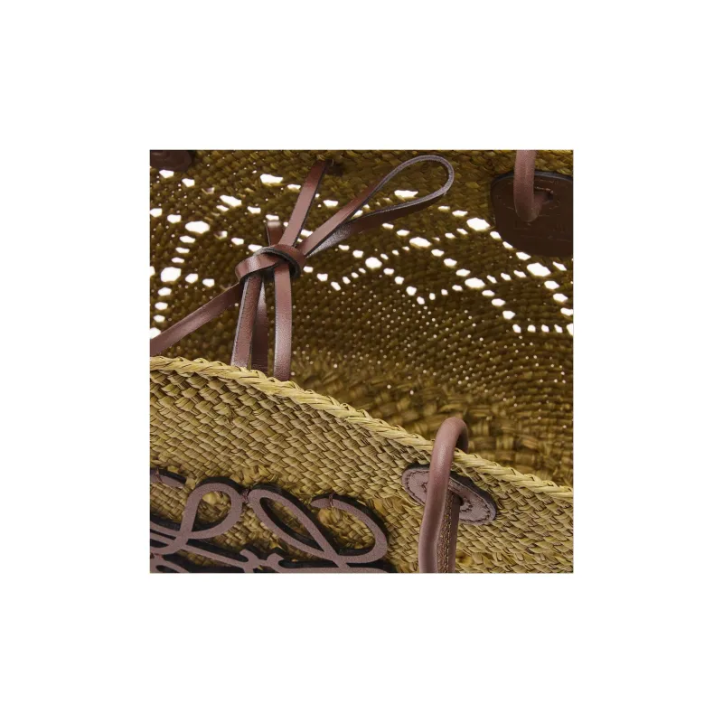 LOEWE Anagram Basket Raffia With Calfskin Tote Bag Shopping Bag Handbag Shoulder Bag Women's Olive & Chestnut-3
