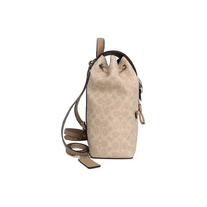 COACH Evie Canvas With Leather Backpack Medium Size Women's Light Khaki Monogram With Distressed Brown-3