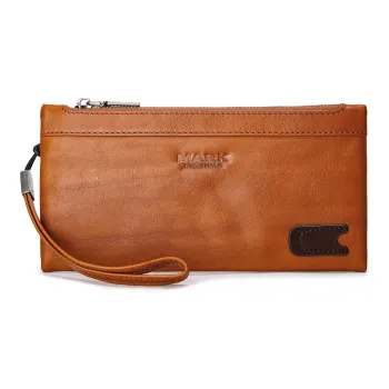 FAIRWHALE Cow Leather Clutch Card Holder Wallet Wrist Bag Unisex Dried Yellow Brown/Elegant Black/Smoke Cyan