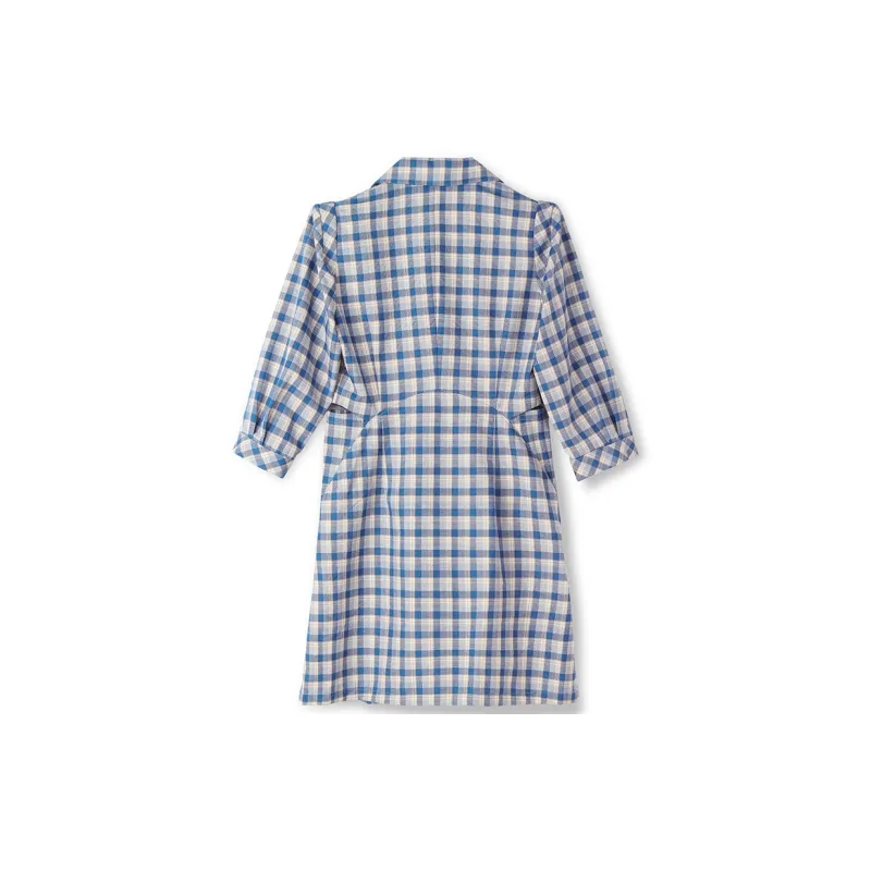 GOELIA Long Sleeved Dress Women's Blue Plaid-1