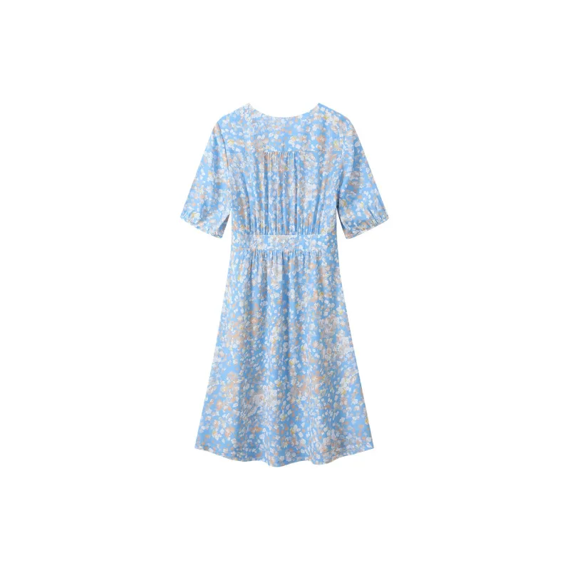 H YXIANG Short Sleeved Dresses Women's Blue Small Floral-1