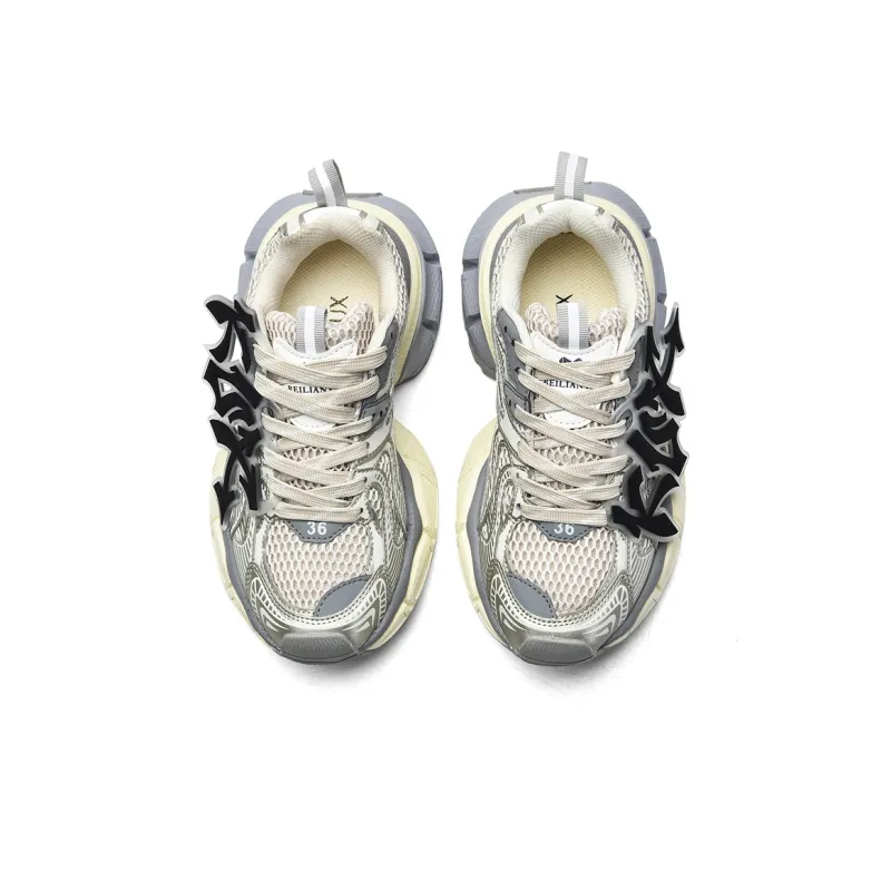 KUX Wear Resistant Slip Resistant Low Top Chunky Sneakers Unisex Silver Black-2