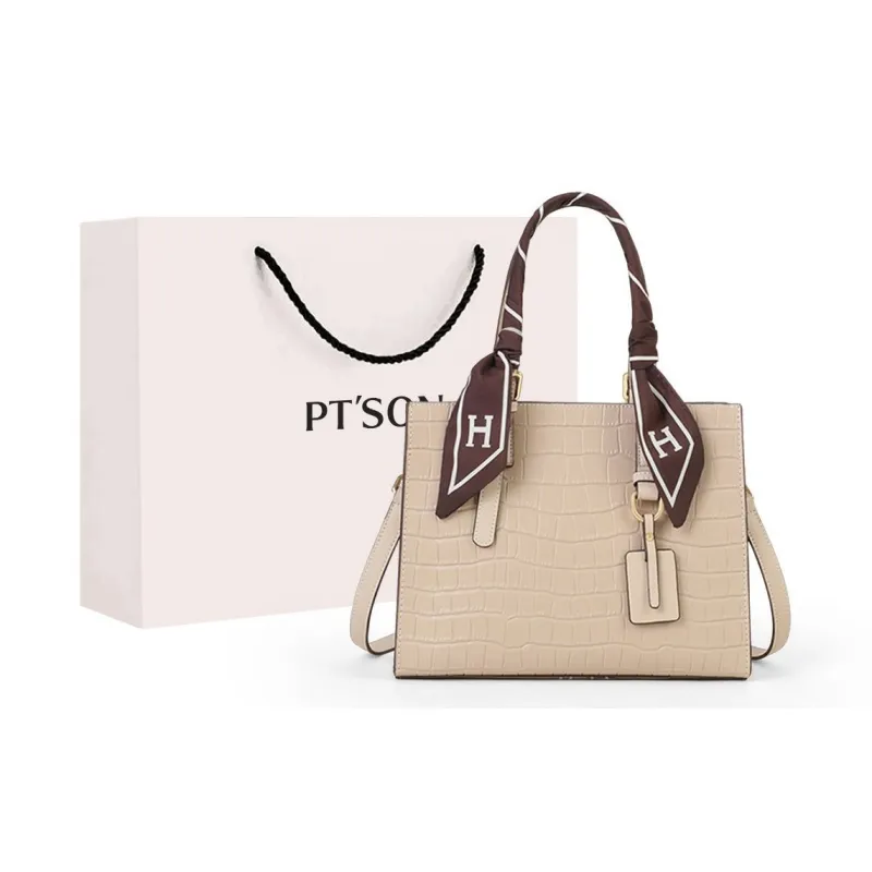 PT'SON Cow Leather Tote Bag Shopping Bag Shoulder Bag Crossbody Bag Handbag Regular Women's Black/Apricot-0