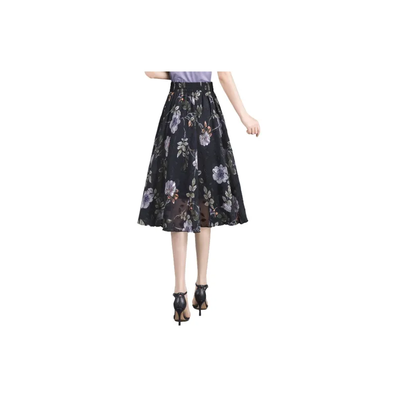 Cypress House Casual Long Skirt Women's Navy Blue With Floral-1