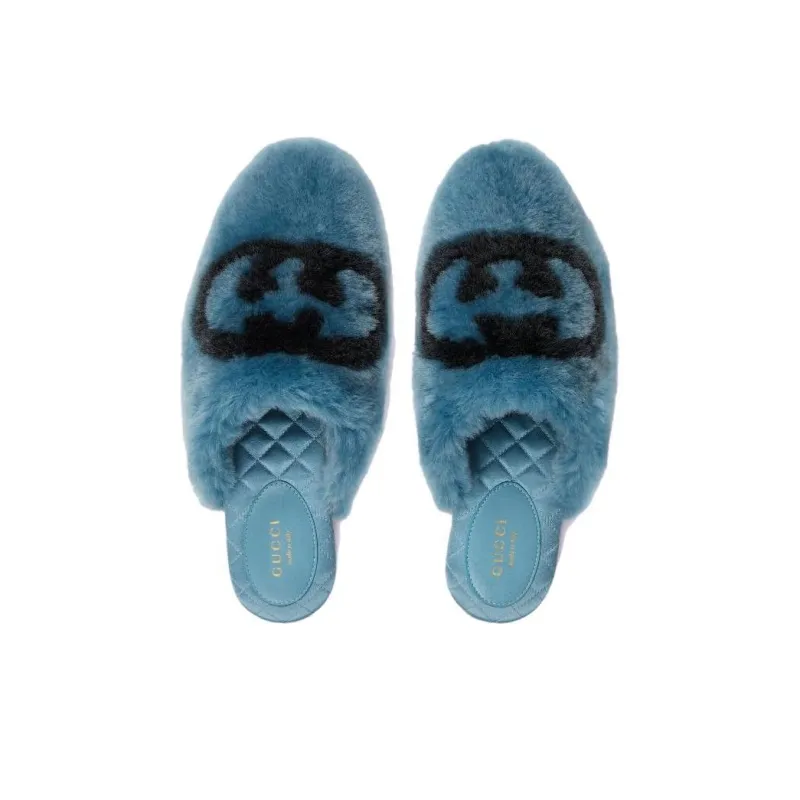 GUCCI Interlocking G Faux Fur Slippers Blue Black Women's-4
